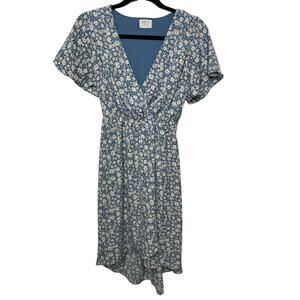 Sienna Sky Floral Ditsy Pattern Flutter Sleeves Hi-Low Wrap Midi Dress Blue S